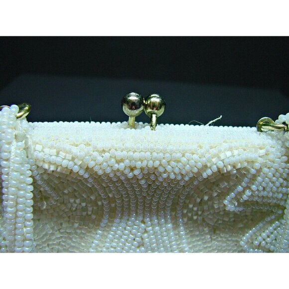 Vintage Seed Bead Mini Kiss Lock Bag Purse White Safco Evening Clutch Handbag 5" - Picture 4 of 13